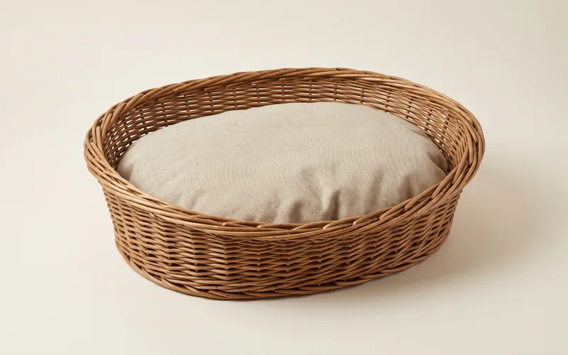 Corbeille en osier pour chat, vu de trois quarts, sans marque ni modele.