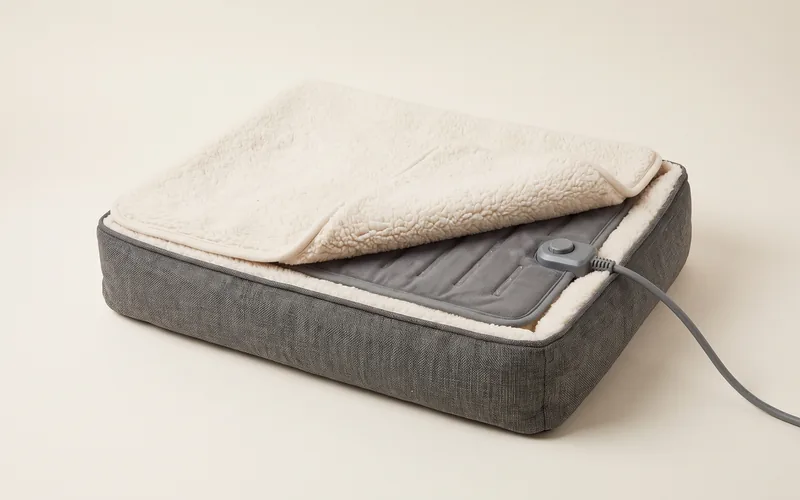 Couchage chauffant pour chien, vu de trois quarts, sans marque ni modele.