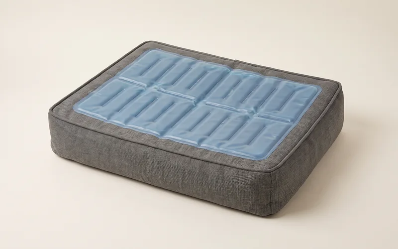 Couchage rafraîchissant pour chien, vu de trois quarts, sans marque ni modele.