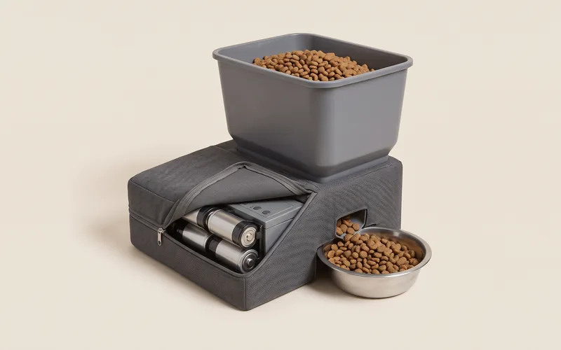 Distributeur de croquettes, vu de trois quarts, sans marque ni modele.