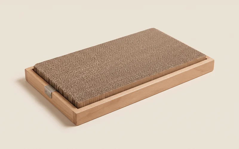 Griffoir horizontal pour chat, vu de trois quarts, sans marque ni modele.