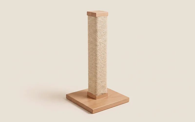 Griffoir vertical pour chat, vu de trois quarts, sans marque ni modele.