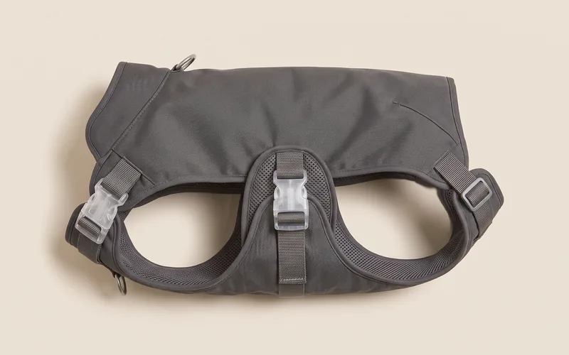 Manteau imperméable pour chien, vu de trois quarts, sans marque ni modele.