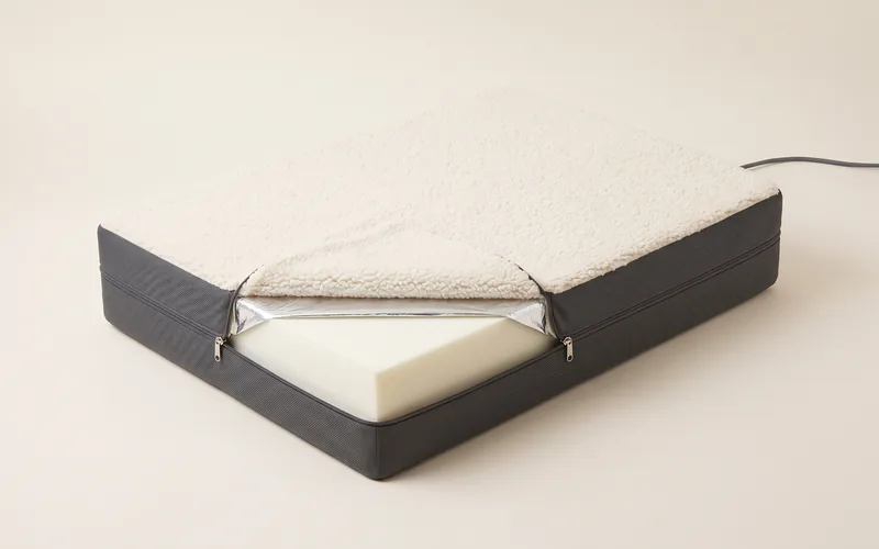 Matelas orthopédique pour chien, vu de trois quarts, sans marque ni modele.