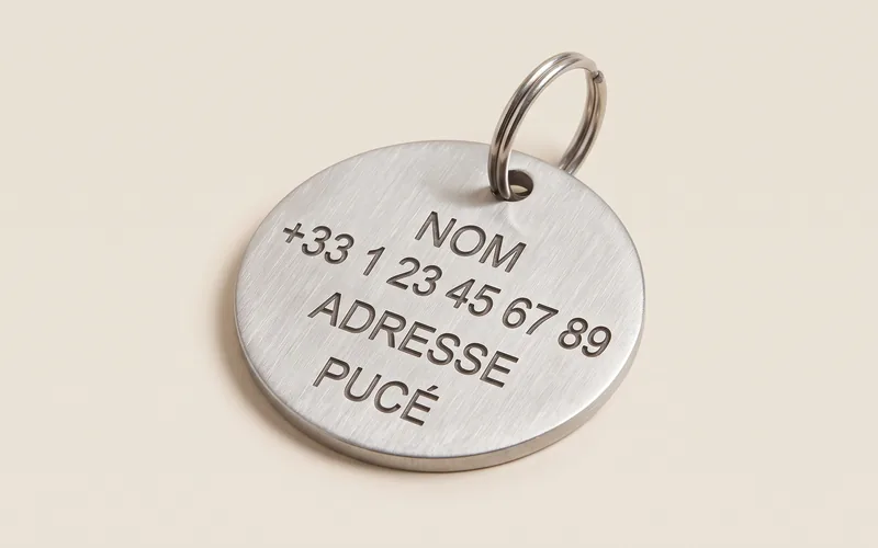 Médaille d'identification gravée, vu de trois quarts, sans marque ni modele.