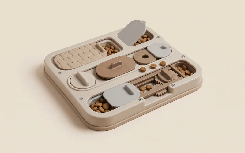 Puzzle alimentaire pour chien ou chat, vu de trois quarts, sans marque ni modele.