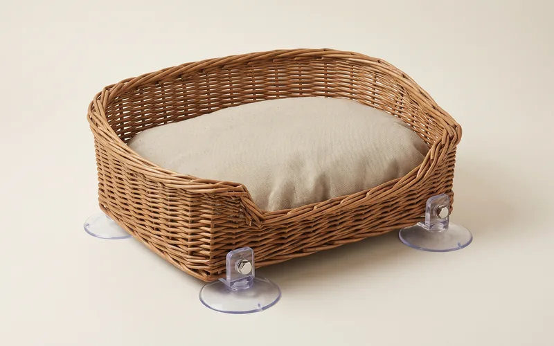 Tapis de fenetre a ventouses pour chat, vu de trois quarts, sans marque ni modele.